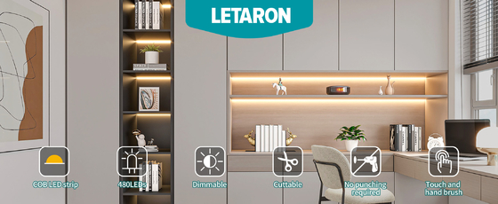LETARON COB LEDストリップライト 24V LEDテープライト、480個/M LED、超高輝度高ルーメン 3000K 温白色 3m、3Mテープで調光可能、30W UL電源、寝室、自宅、キッチンDIY用タッチスイッチ