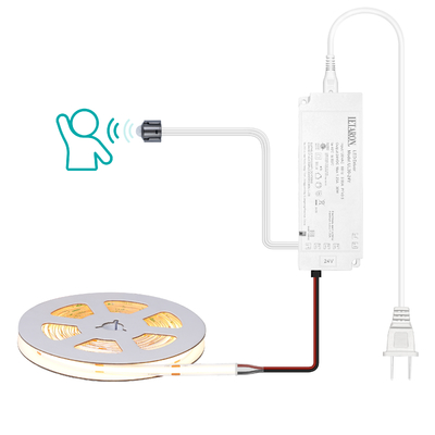 LETARON COB LEDストリップライト 24V LEDテープライト、480個/M LED、超高輝度高ルーメン 3000K 温白色 3m、3Mテープで調光可能、30W UL電源、寝室、自宅、キッチンDIY用PIRスイッチ