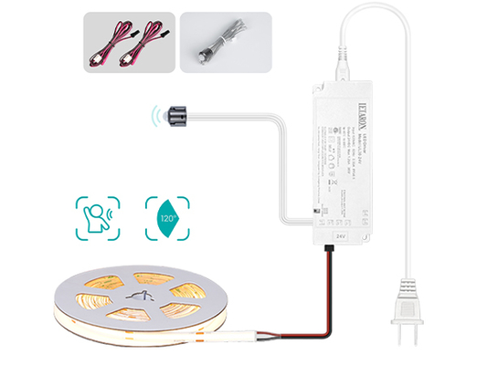 LETARON COB LEDストリップライト 24V LEDテープライト、480個/M LED、超高輝度高ルーメン 3000K 温白色 3m、3Mテープで調光可能、30W UL電源、寝室、自宅、キッチンDIY用PIRスイッチ