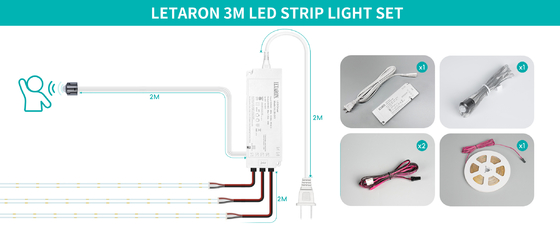 LETARON COB LEDテープライト 24V LEDテープライト、480個/M LED、超高輝度高ルーメン6000K白色3m、3Mテープで調光可能、30W UL電源、寝室、自宅、キッチンDIY用タッチスイッチ