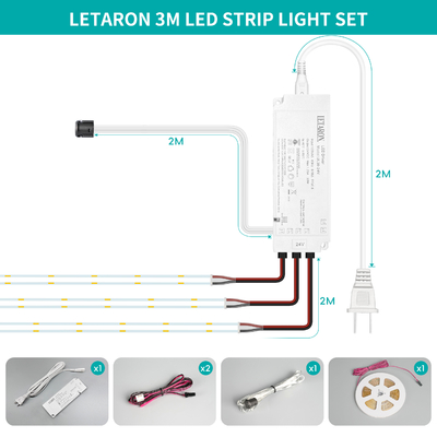 LETARON COB LEDテープライト 24V LEDテープライト、480個/M LED、超高輝度高ルーメン6000K白色3m、3Mテープで調光可能、30W UL電源、寝室、自宅、キッチンDIY用タッチスイッチ